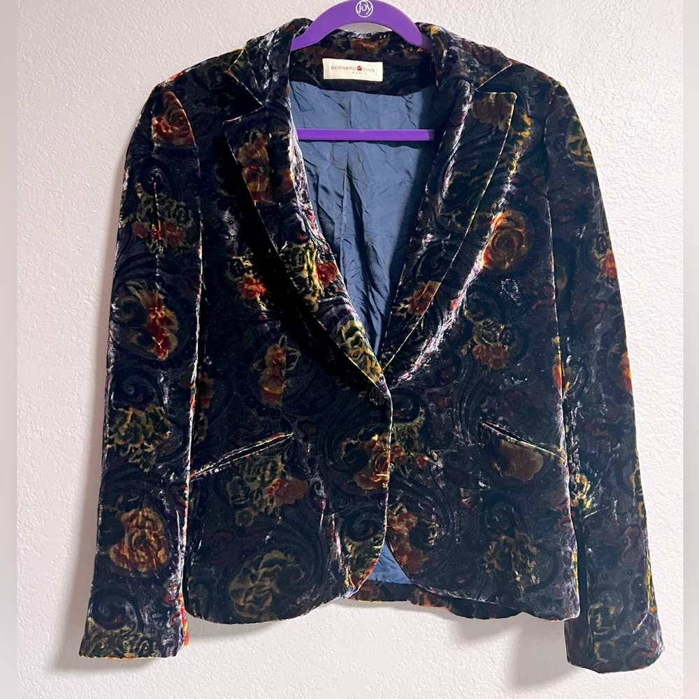 BERNARD ZINS PARIS Dark Blue Floral Velvet Women's Blazer US 16 Fall Colors
